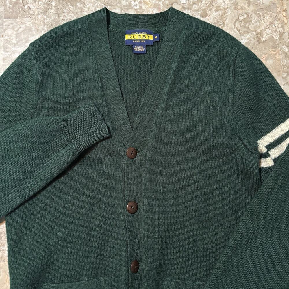 Ralph Lauren Rugby Cardigan Mens Medium Green Varsity Bar Stripe Wool Vintage